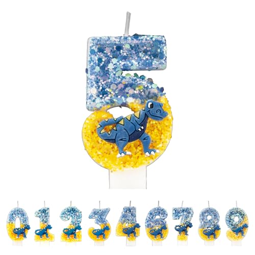 Dinosaurier Zahl 5 Kerzen, Blau-Gelb 5. Geburtstag Kerzen für Kuchen, Handgemachte Glitzer Glänzende Happy Birthday Cake Topper - Perfekt für Mottopartys Dinosaurier Zahl 5 Kerzen, Blau-Gelb 5. Geburtstag Kerzen für Kuchen, Handgemachte Glitzer Glänzende Happy Birthday Cake Topper - Perfekt für Mottopartys von DTXLX