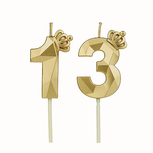 Geburtstagskerzen Zahlen 13 mit Krone，3D Kerzen Geburtstag für Kuchen geburtstagsdeko, Geburtstag Kerzen Zahlen, Geburtstagskerzen Kinder für Partys, Hochzeiten, Firmenfeiern, Jubiläen (Gold, #13) von DTXLX