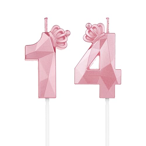 Geburtstagskerzen Zahlen 14 mit Krone，3D Kerzen Geburtstag für Kuchen geburtstagsdeko, Geburtstag Kerzen Zahlen, Geburtstagskerzen Kinder für Partys, Hochzeiten, Firmenfeiern, Jubiläen (Rosa, #14) von DTXLX