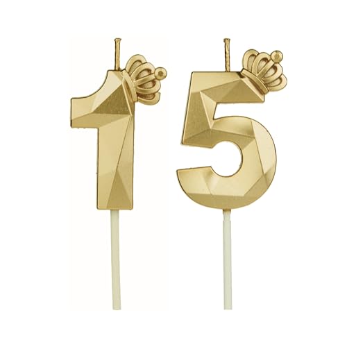 Geburtstagskerzen Zahlen 15 mit Krone，3D Kerzen Geburtstag für Kuchen geburtstagsdeko, Geburtstag Kerzen Zahlen, Geburtstagskerzen Kinder für Partys, Hochzeiten, Firmenfeiern, Jubiläen (Gold, #15) von DTXLX