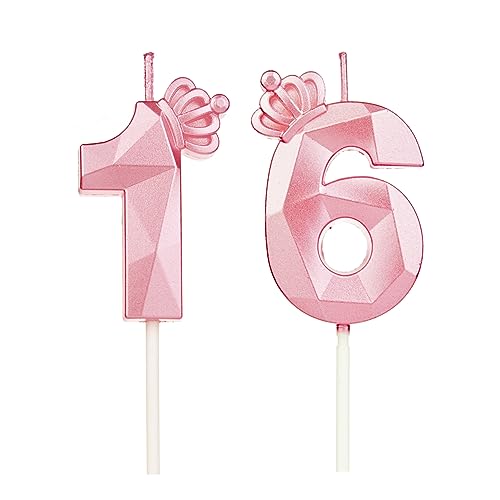 Geburtstagskerzen Zahlen 16 mit Krone，Kerzen Geburtstag für Kuchen geburtstagsdeko, Geburtstag Kerzen Zahlen, Geburtstagskerzen Kinder für Partys, Hochzeiten, Firmenfeiern, Jubiläen (Rosa #16) von DTXLX
