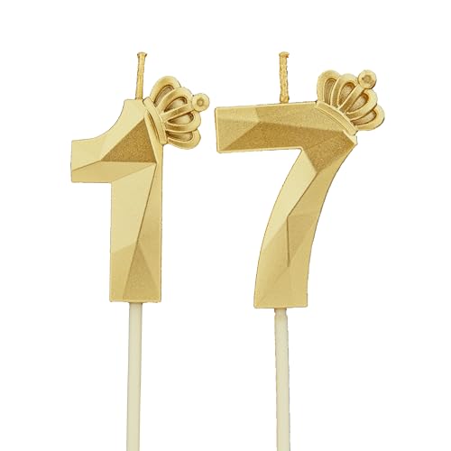 Geburtstagskerzen Zahlen 17 mit Krone，3D Kerzen Geburtstag für Kuchen geburtstagsdeko, Geburtstag Kerzen Zahlen, Geburtstagskerzen Kinder für Partys, Hochzeiten, Firmenfeiern, Jubiläen (Gold, #17) von DTXLX