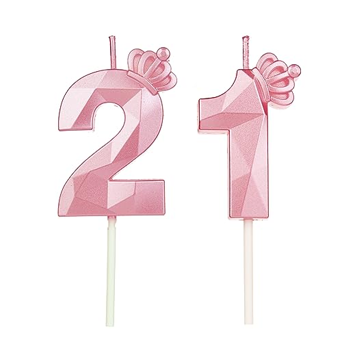 Geburtstagskerzen Zahlen 21 mit Krone，3D Kerzen Geburtstag für Kuchen geburtstagsdeko, Geburtstag Kerzen Zahlen, Geburtstagskerzen Kinder für Partys, Hochzeiten, Firmenfeiern, Jubiläen (Rosa, #21) von DTXLX