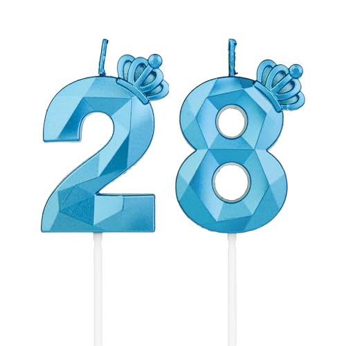 Geburtstagskerzen Zahlen 28 mit Krone，3D Kerzen Geburtstag für Kuchen geburtstagsdeko, Geburtstag Kerzen Zahlen, Geburtstagskerzen Kinder für Partys, Hochzeiten, Firmenfeiern, Jubiläen (Blau, #28) von DTXLX