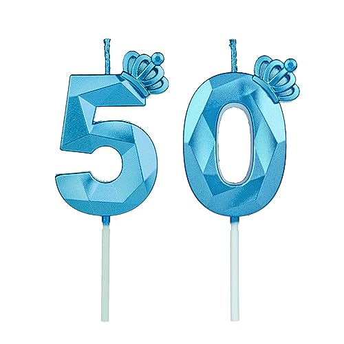 Geburtstagskerzen Zahlen 50 mit Krone，3D Kerzen Geburtstag für Kuchen geburtstagsdeko, Geburtstag Kerzen Zahlen, Geburtstagskerzen Kinder für Partys, Hochzeiten, Firmenfeiern, Jubiläen (Blau, #50) von DTXLX
