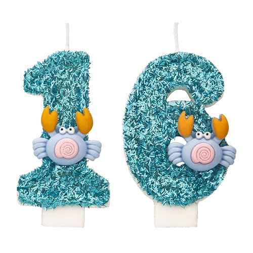 Krabben Geburtstagskerzen 16 Zahlen, 3D Blau 16st Geburtstagskerzen für Kuchen, handgemachte Glitter glänzend Geburtstag Kuchentopper - Perfekt für Thematische Geburtstagsfei Krabben Geburtstagskerzen 16 Zahlen, 3D Blau 16st Geburtstagskerzen für Kuchen, handgemachte Glitter glänzend Geburtstag Kuchentopper - Perfekt für Thematische Geburtstagsfei von DTXLX