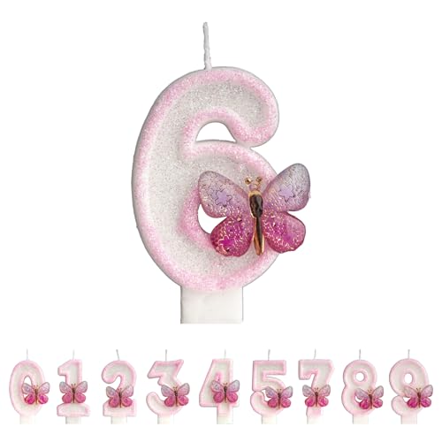 Schmetterling Zahl 6 Kerzen, Rosa 6. Geburtstag Kerzen für Kuchen, Handgemachte Glitzer Glänzende Happy Birthday Cake Topper - Perfekt für Mottogeburtstagsfeiern Schmetterling Zahl 6 Kerzen, Rosa 6. Geburtstag Kerzen für Kuchen, Handgemachte Glitzer Glänzende Happy Birthday Cake Topper - Perfekt für Mottogeburtstagsfeiern von DTXLX