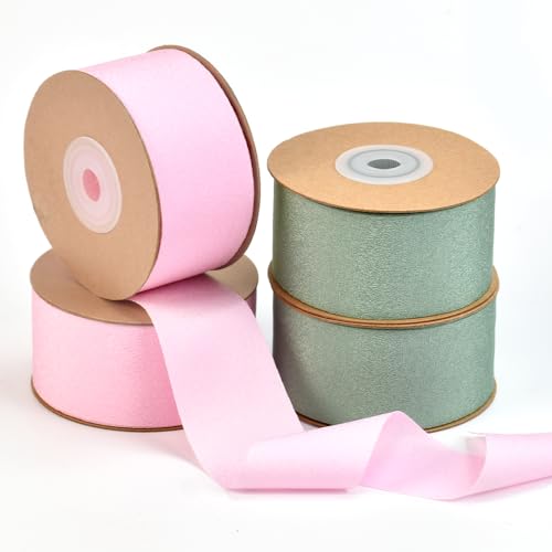 DTYGUIXE 4 Rollen Chiffonband Geschenkband 25 Yards Schleifenband Elegant Dekoband Weich Stoffband 3.8 cm Breit Satinband für Hochzeitssträuße, Einladungen, Geburtstage, Valentinstag (Rosa, Grün) von DTYGUIXE