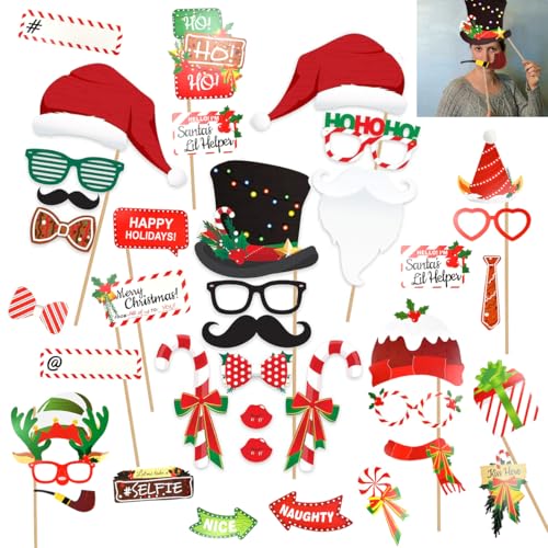 DTYGUIXE Weihnachten Foto Requisiten, 59 Stück Foto Booth Requisiten Dekorationen Weihnachten Fotobox Accessoires Party Photo Booth Props für Party Zubehör, Geburtstagparty, Foto Requisiten von DTYGUIXE