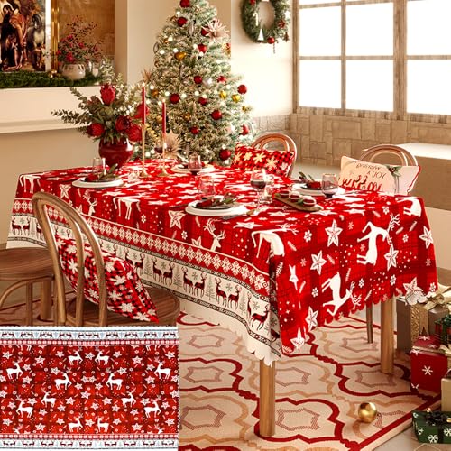 DTYGUIXE Weihnachten Tischdecke, 180 * 140cm Weihnachten Tischtuch, Rot Abwaschbar Tischtuch, Groß Fleckschutz Tischtuch, Tischwäsche, Rechteckig Tischdecke für Esstische, Couchtische, Geschenktische von DTYGUIXE