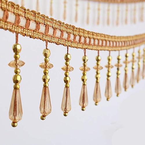 DUANGYMM Fransenbesatz Quaste, Vorhangspitze, 12 Yards Kristall Perlen Vorhang Spitze Trimmen Perlen Fringe Trim DIY Party Hängen Hochzeit Decor(Light Brown) von DUANGYMM