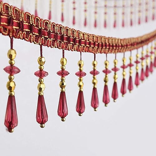 DUANGYMM Fransenbesatz Quaste, Vorhangspitze, 12 Yards Kristall Perlen Vorhang Spitze Trimmen Perlen Fringe Trim DIY Party Hängen Hochzeit Decor(Red) von DUANGYMM
