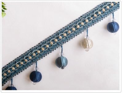 DUANGYMM Fransenbesatz Quaste, Vorhangspitze, 12 Yards Perlen Anhänger Hängen Ball Fringe Trim Hause Vorhang Sofa Spitze Trim(Deep Blue) von DUANGYMM