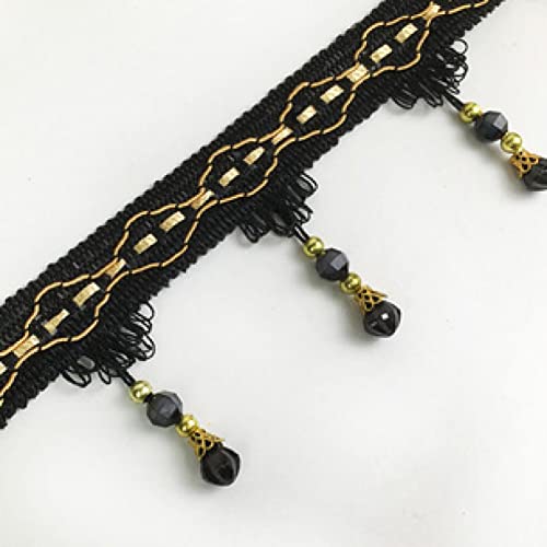 DUANGYMM Fransenbesatz Quaste, Vorhangspitze, 12 Yards Vorhangbesatz for Aufhängen, Kristallperlen, Quaste, Fransen, Lampenschirme, dekorative Zopfbesatz, Heimdekoration, Nähen, Basteln(Black) von DUANGYMM