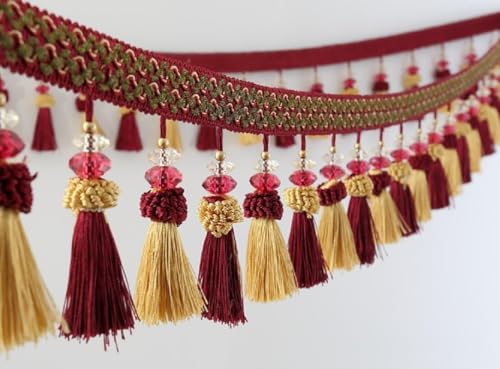 DUANGYMM Fransenbesatz Quaste, Vorhangspitze, 2 Meter Zopf Perlen Anhänger Fransenbesatz for Nähen Handwerk Home Vorhang Sofa Dekoratives Band(Purple Red) von DUANGYMM