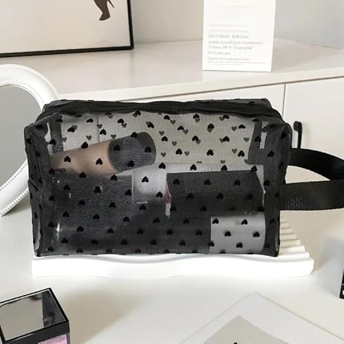 DUANSIYU Makeup Bag Kosmetiktasche aus Netzstoff mit Liebesdruck, tragbarer Kulturbeutel, Make-up-Tasche, multifunktional, transparent, for Damen, Lippenstift Make Up Bag(Beige-NO.1) von DUANSIYU
