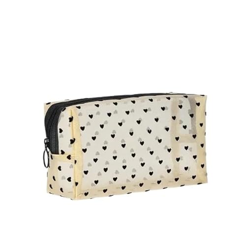 DUANSIYU Makeup Bag Kosmetiktasche aus Netzstoff mit Liebesdruck, tragbarer Kulturbeutel, Make-up-Tasche, multifunktional, transparent, for Damen, Lippenstift Make Up Bag(Beige-NO.4) von DUANSIYU