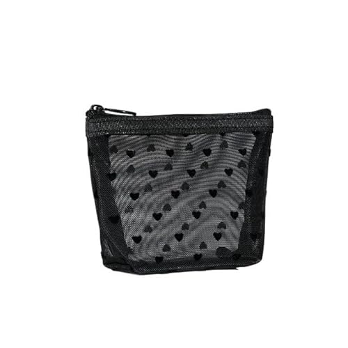 DUANSIYU Makeup Bag Kosmetiktasche aus Netzstoff mit Liebesdruck, tragbarer Kulturbeutel, Make-up-Tasche, multifunktional, transparent, for Damen, Lippenstift Make Up Bag(Black-NO.1) von DUANSIYU
