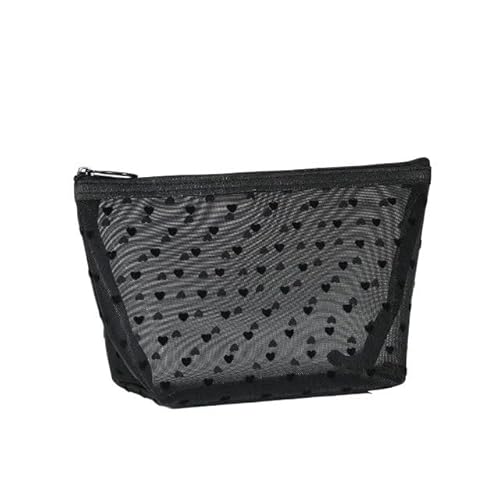 DUANSIYU Makeup Bag Kosmetiktasche aus Netzstoff mit Liebesdruck, tragbarer Kulturbeutel, Make-up-Tasche, multifunktional, transparent, for Damen, Lippenstift Make Up Bag(Black-NO.3) von DUANSIYU