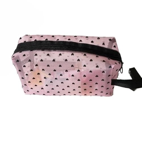 DUANSIYU Makeup Bag Kosmetiktasche aus Netzstoff mit Liebesdruck, tragbarer Kulturbeutel, Make-up-Tasche, multifunktional, transparent, for Damen, Lippenstift Make Up Bag(Pink-NO.5) von DUANSIYU