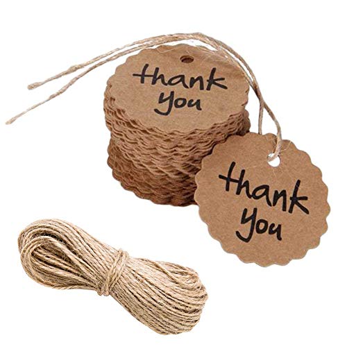 DUBENS 100 Stück Weihnachten Kraftpapier Papieranhänger hängen etiketten Tags Hängeetiketten Geschenk Anhänger Hochzeit Etiketten mit 1000cm Juteschnur, für Geschenk, DIY Deko (Thank you) von DUBENS