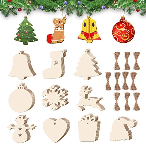 DUDSOEHO 100 Stück Weihnachtsdeko Holz – 10 Formen Holzschmuck zum Basteln, für Weihnachtsbaum deko DIY Anhänger Dekoration mit Kordeln zur Dekoration von DUDSOEHO
