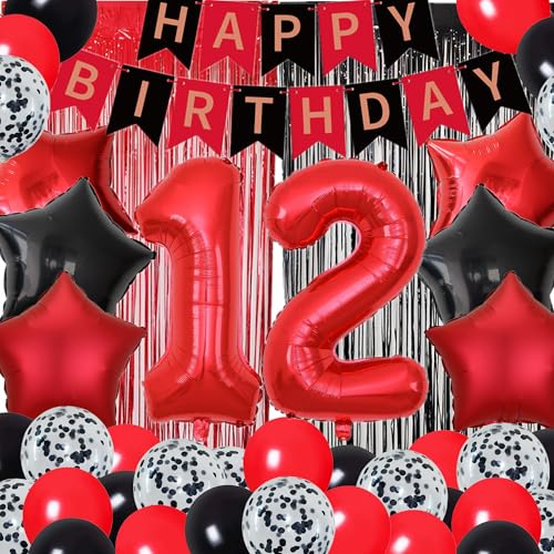 12. Geburtstag Dekorationen für Jungen Rot Schwarz 12th Happy Birthday Banner Party Supplies Nummer 12 Luftballons Fransenvorhang 12 Jahre alt Geburtstag Party Supplies Kit für Sie und Ihn Mädchen von DUFACAI