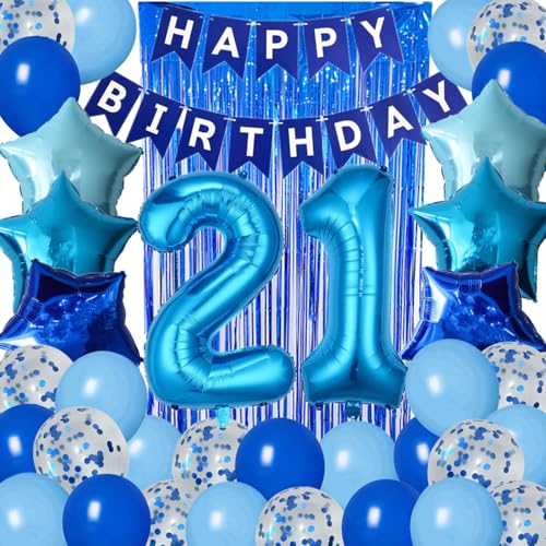 Dekoration zum 21. Geburtstag, für Jungen und Herren, Blau, Party-Dekoration für ihn, 81,3 cm, Zahl 21, Luftballons, Fransenvorhang, Partyzubehör-Set für Ihn und Mädchen, Blau von DUFACAI