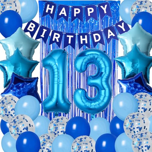 Party-Dekorationen zum 13. Geburtstag, Blau, Teenager-Party-Nummer 13, Luftballons, Happy Birthday-Banner, Fransenvorhang für 13-jährige Teenager, Jungen, Geburtstagsparty-Zubehör (blau) von DUFACAI