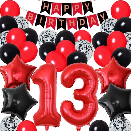 Party-Dekorationen zum 13. Geburtstag, Rot, Teenager-Party-Nummer 13, Luftballons, Happy Birthday-Banner, Fransenvorhang für 13-jährige Teenager, Jungen, Geburtstagsparty-Zubehör (rot) von DUFACAI