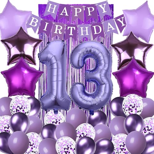 Party-Dekorationen zum 13. Geburtstag, violett, Teenager-Party-Nummer 13, Luftballons, Happy Birthday-Banner, Fransenvorhang für 13-jährige Teenager, Mädchen, Geburtstagsparty-Zubehör (lila) von DUFACAI