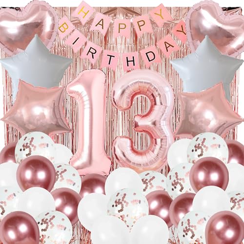 Partydekoration zum 13. Geburtstag, Roségold, Teenager-Party-Nummer 13, Luftballons, Happy Birthday-Banner, Fransenvorhang für 13-jährige Teenager, Mädchen, Geburtstagsparty-Zubehör (Roségold) von DUFACAI