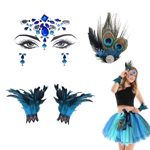 DUGEGAYL Pfau Kostüm Damen mit Federdekorationen – Kopfband, Strass-Applikation, und Gotische Federn – Perfekt für Theater, Modenschau, und Themenpartys – Blaugrün von DUGEGAYL