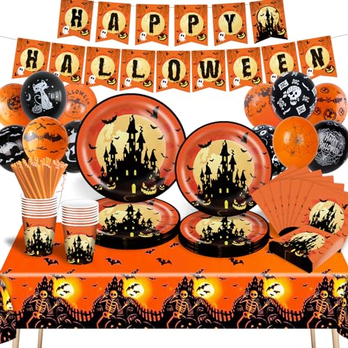 DUGECO Halloween Deko Set, Halloween Horror Dekoration, Serviette, Pappteller, Pappbecher, Tischdecke, Banner, Halloween Party Geschirr Set für 16 Personen von DUGEHO