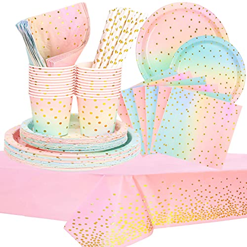 DUGEHO 121 Stück Geburtstag Party Geschirr,Pappteller Kindergeburtstag Set einschließlich Tischdecke Teller Becher Servietten Strohhalme für Babydusche Geburtstag Hochzeit Party von DUGEHO