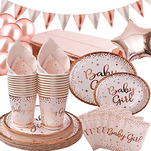 DUGEHO 89 Stück Baby Girl Geburtstag Party Geschirr Ballon,Pappteller Set einschließlich Tischdecke Teller Becher Servietten für Babydusche Geburtstag Hochzeit Party (20 Gäste) von DUGEHO