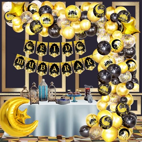 DUGEHO Eid Mubarak Dekoration Gold, Eid Mubarak Folienballon-Girlande, Mondsterne, Banner, Eid Mubarak Ballon-Girlande für Eid Ramadan Mubarak Dekoration von DUGEHO