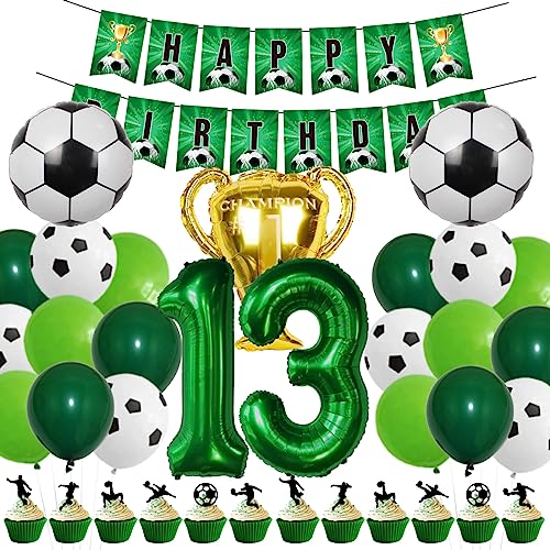 DUGEHO Fussball Luftballon 13 Jahr Grün Geburtstag Deko Mädchen Junge,Grün Luftballons Set,Happy Birthday Banner,Grün Luftballons für Kindergeburtstag Deko von DUGEHO