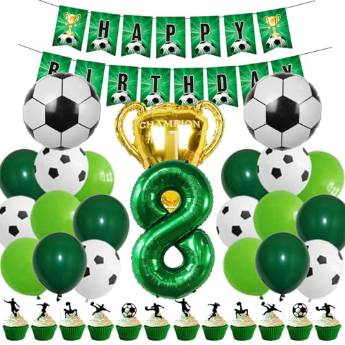 DUGEHO Fussball Luftballon 8 Jahr Grün Geburtstag Deko Mädchen Junge,Grün Luftballons Set,Happy Birthday Banner,Grün Luftballons für Kindergeburtstag Deko von DUGEHO