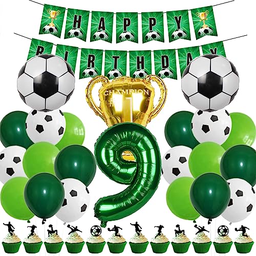 DUGEHO Fussball Luftballon 9 Jahr Grün Geburtstag Deko Mädchen Junge,Grün Luftballons Set,Happy Birthday Banner,Grün Luftballons für Kindergeburtstag Deko von DUGEHO