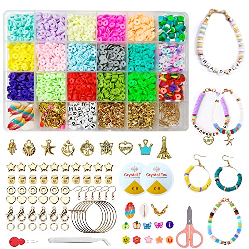 DUGEHO Polymer Clay Perlen Set, 18 Farben Schmuck Bastelset für Selber Machen Ohrring Armbänder Halskette, 6mm Flach Perlen für Auffädeln Perlenschnur Making Set von DUGEHO