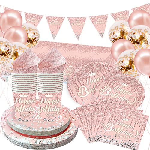 DUGEHO Roségold Geburtstag Party Geschirr Ballon,Pappteller Kindergeburtstag Set einschließlich Tischdecke Teller Becher Servietten für Babydusche Geburtstag Hochzeit Party (20 Gäste) von DUGEHO