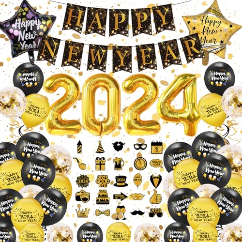 DUGEHO Silvester Deko 2024,52 Stück Schwarzes GoldParty Deko Silvester Neujahr Silvesterdeko Happy New Year Deko Banner, Konfetti Ballons und Folienballons für Silvester Neujahrsfeier von DUGEHO