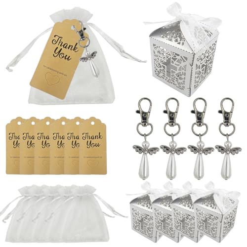 DUGYIRS 24 Sets Schutzengel Anhänger Gastgeschenke Taufe,Gastgeschenke Hochzeit Inklusive Schlüsselanhänger,Organzasäckchen,Dankeschön-Tags,Geschenkpackung für Hochzeit,Taufe,Weihnachten,Geburtstag von DUGYIRS