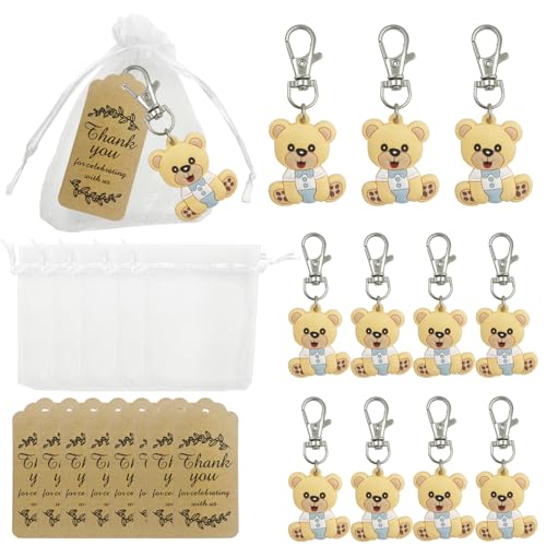 DUGYIRS Gastgeschenke Taufe 30 Stück Bär Schlüsselanhänger 30 Stück Organzasäckchen und 30 Stück Dankeschön-Tags für Jungen Mädchen Geburtstagsfeier Deko(Blau Bär) von DUGYIRS