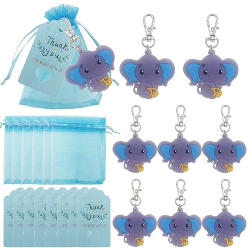 DUGYIRS Gastgeschenke Taufe 30 Stück Elefant Schlüsselanhänger 30 Stück Organzasäckchen und 30 Stück Dankeschön-Tags für Jungen Mädchen Geburtstagsfeier Deko(Elefant) von DUGYIRS