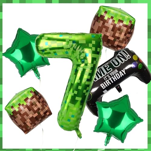 Folienballon-Set, 101,6 cm, Grün, Pixel, Miner, Zahlen, 5 Stück, große Mylar-Zahlenballons für Jungen und Mädchen, Pixelwürfel, Videospiel, Geburtstagsparty-Dekorationen (7) von DUILE