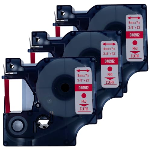 DULA Etikettenband - Kompatibel mit Dymo D1 40912-3 Stück - Rot auf transparent - 9mm x 7m von DULA