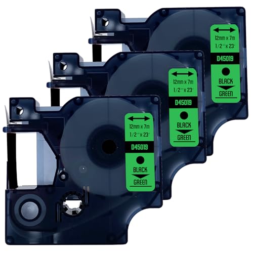 DULA Etikettenband - Kompatibel mit Dymo D1 45019 - 3 Stück - Schwarz auf grün - 12mm x 7m DULA Etikettenband - Kompatibel mit Dymo D1 45019 - 3 Stück - Schwarz auf grün - 12mm x 7m von DULA