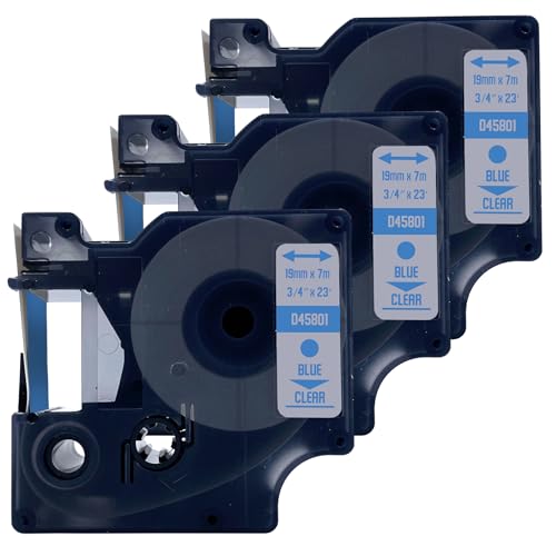 DULA Etikettenband - Kompatibel mit Dymo D1 45801 - 3 Stück - Blau auf transparent - 19mm x 7m DULA Etikettenband - Kompatibel mit Dymo D1 45801 - 3 Stück - Blau auf transparent - 19mm x 7m von DULA